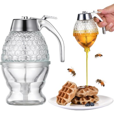 8oz Honey Dispenser No Drip Glass With Stand, Bee Container & Coffee Syrup For Tea Time & Gifting