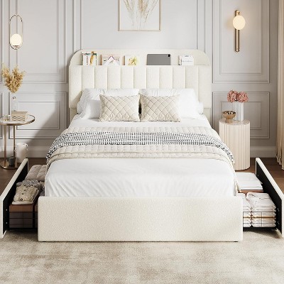 Queen Bed Frame with Storage Headboard, 2 Drawers, Upholstered Platform, Bookcase, No Box Spring Needed