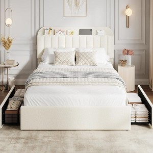 Queen Bed Frame with Storage Headboard, 2 Drawers, Upholstered Platform, Bookcase, No Box Spring Needed - 1 of 4