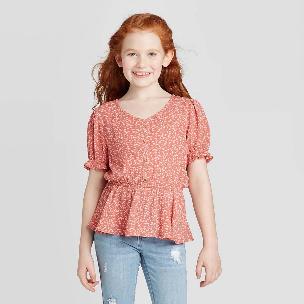 petiteGirls' Button-Front V-Neck Short Sleeve T-Shirt - art class Orange M, Girl's, Size: Medium was $16.99 now $11.04 (35.0% off)