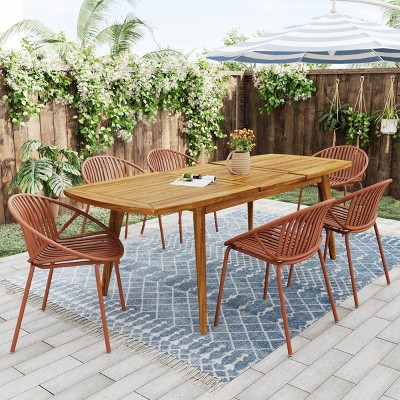 7-Piece Expandable Outdoor Dining Set, Acacia Wood Oblong Extendable Dining Table and 6 Stackable Chairs – Cuddlewood
