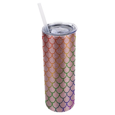 Elanze Designs Bubblegum Pink 20 Ounce Double Wall Stainless Steel Glitter Travel Tumbler With Sliding Lid And Straw, Rainbow Mermaid Scales