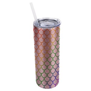 Elanze Designs Bubblegum Pink 20 Ounce Double Wall Stainless Steel Glitter Travel Tumbler With Sliding Lid And Straw, Rainbow Mermaid Scales - 1 of 4