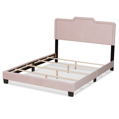 Luxurious Light Pink Velvet Full Bed with Nailhead Trim and Upholstered Headboard