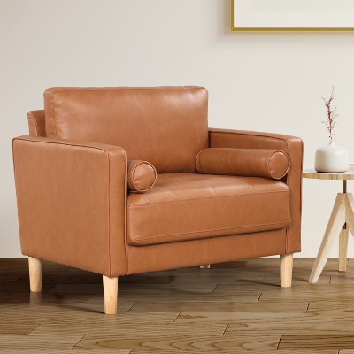 Caramel Faux Leather Accent Chair with Wood Legs