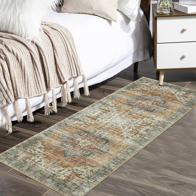 Washable Vintage Persian Area Rug Floral Print Distressed Oriental Rug