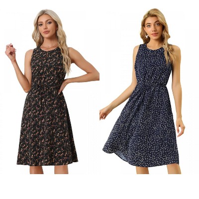 Allegra K Women's Printed Split Neck Drawstring Waist Sleeveless A-Line Floral Midi Dress 2 Packs