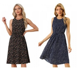 Allegra K Women's Printed Split Neck Drawstring Waist Sleeveless A-Line Floral Midi Dress 2 Packs - 1 of 4