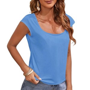 Imily Bela Womens Cap Sleeve Scoop Neck Casual Solid Color Basic T Shirt Blouses Tank Tops - 1 of 4
