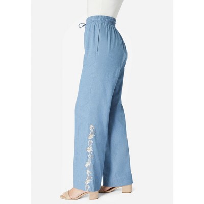 Roaman's Women's Plus Size Embroidered Pull-On Wide-Leg Chambray Pant