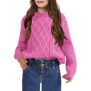 Girls Pullover Sweater Cable Knit Crew Neck Long Sleeve Sweater Knit Tops - 1 of 4