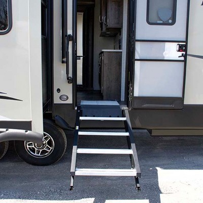 MORryde StepAbove Adjustable 31.5 to 37.5 Inch 3 Step Portable RV Camper Solid Entry Stairs with Strut Assist for 30 Inch Wide Doorways