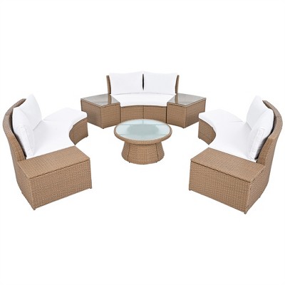 COWLOWN 10-Piece Modular Patio Sectional Set, Half Round PE Wicker Sofa with Tempered Glass Tables