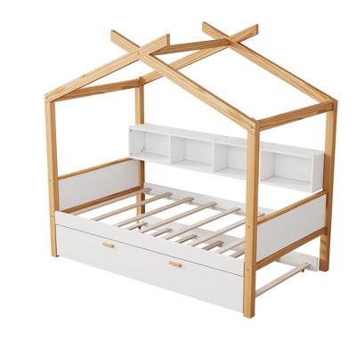 VYNXARIA White Twin Size Wooden House Bed: Original Wood Frame, Trundle & Bookshelf Storage - Ideal for Kids' & Guest Rooms