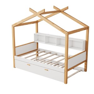 VYNXARIA White Twin Size Wooden House Bed: Original Wood Frame, Trundle & Bookshelf Storage - Ideal for Kids' & Guest Rooms - 1 of 4