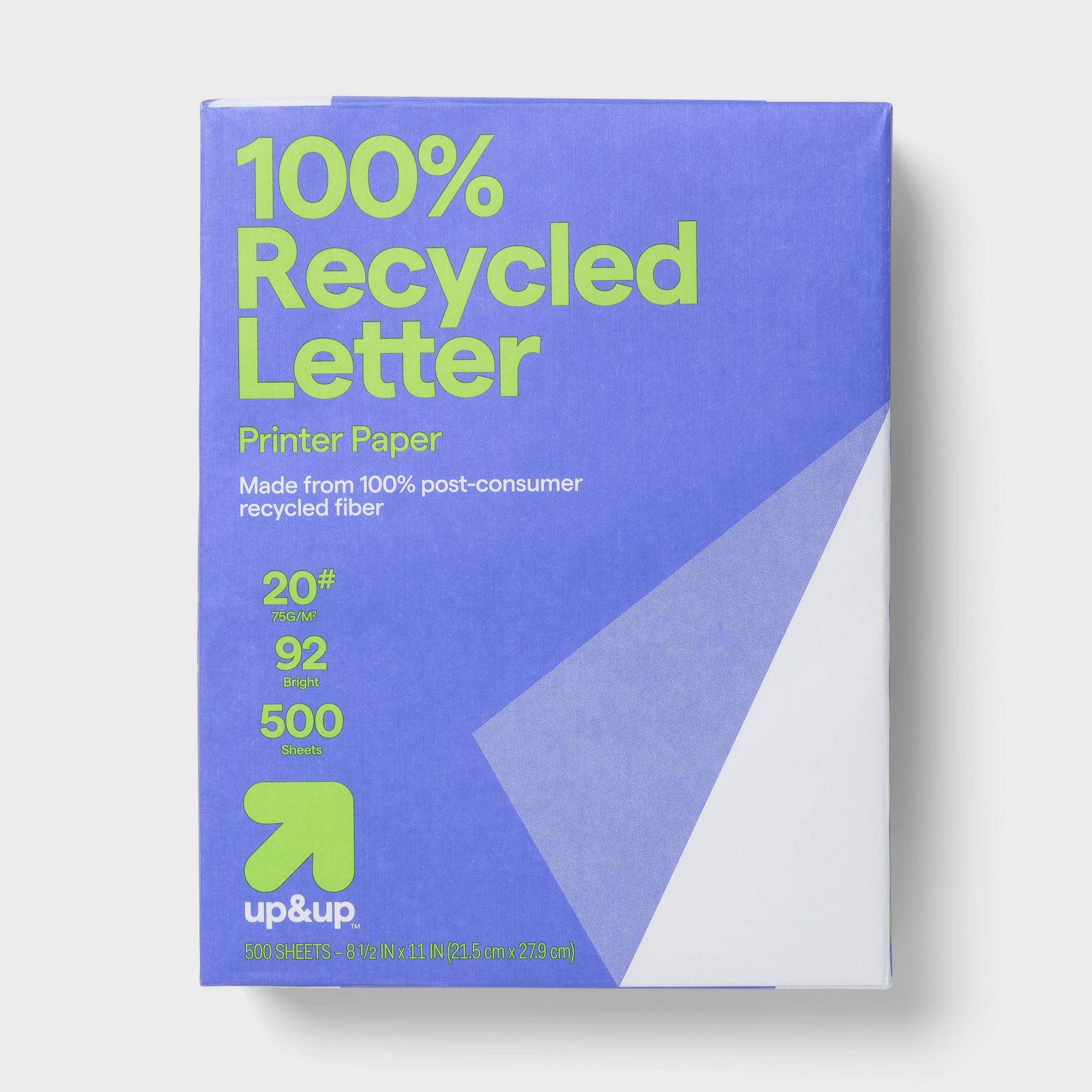 500ct 100% Recycled Letter Printer Paper White - up&up™: 8.5x11 Inches, 20 lb, 92 Brightness, Recyclable Printing