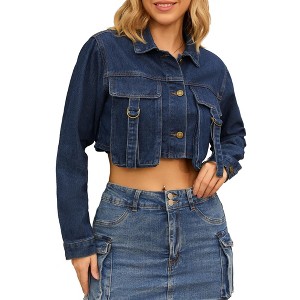 INSPIRE CHIC Women's Crop Turndown Collar Button Down Cargo Pockets Denim Jacket - 1 of 4