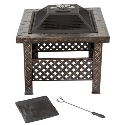 Nature Spring 26" Square Basketweave Wood-Burning Fire Pit - Bronze Finish