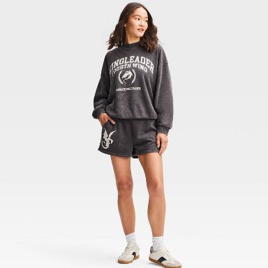 Women's Crewneck Fourth Wing Wingleader Fleece Graphic Pullover Sweatshirt - Black Wash XXS