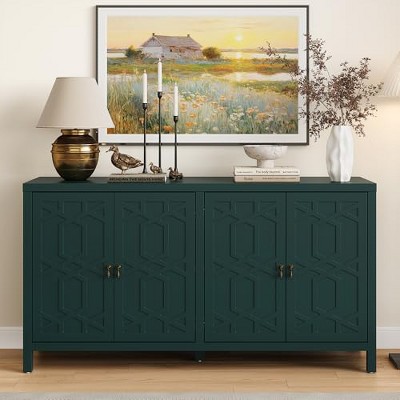 Heynemo Sideboard Buffet, 58'' Mid Century Modern Sideboard Buffet with 4 Doors and Adjustable Shelves, Sideboard Buffet for Entryway, Turquoise Blue