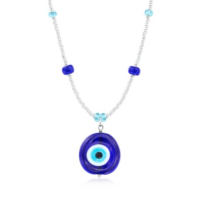 Ross-Simons Italian Tonal Blue Murano Glass Bead Evil Eye Necklace With Sterling Silver Size 18