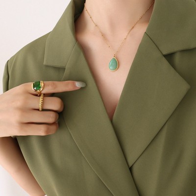 Clotth Natural Aventurine Pendant Necklace - Stainless Steel Water Drop and Oval Charm Choker Jewelry for Women