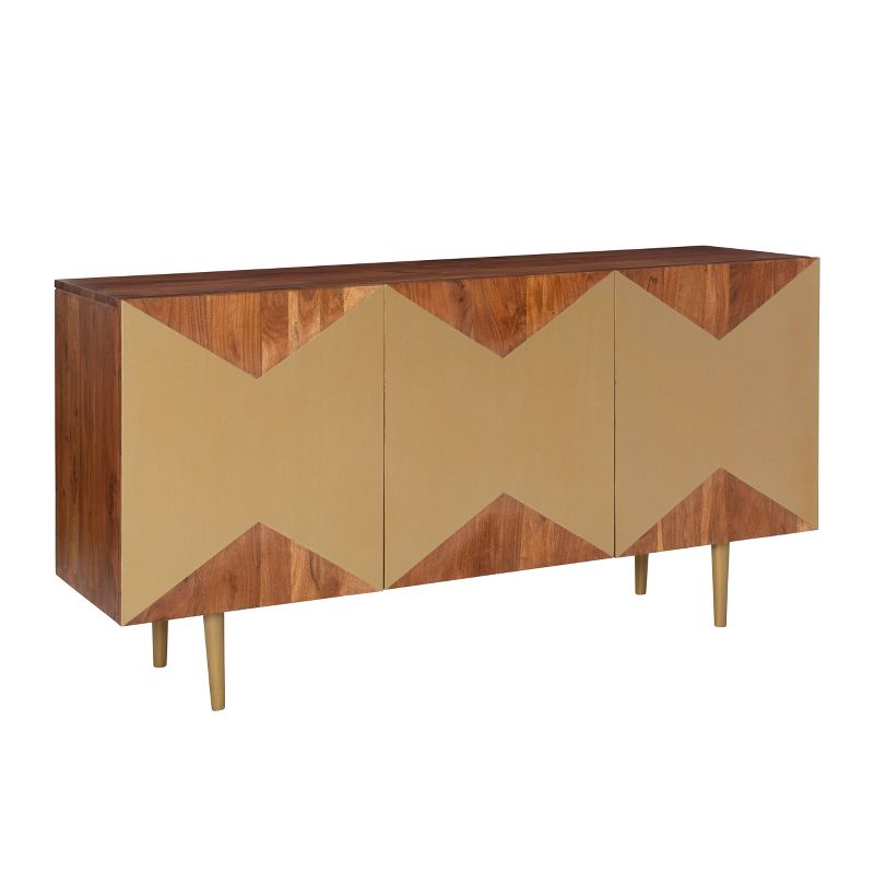 58&#34; Verdeen Mid Century Modern Console Solid Wood Gold Geo Front 3 Doors Brown/Gold - Powell, 1 of 15