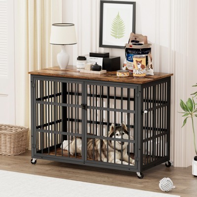 VisioGear Dog Crate with Side Opening Door and Wheels for Indoor, Rustic Brown, 43.3"*29.9"*33.5"