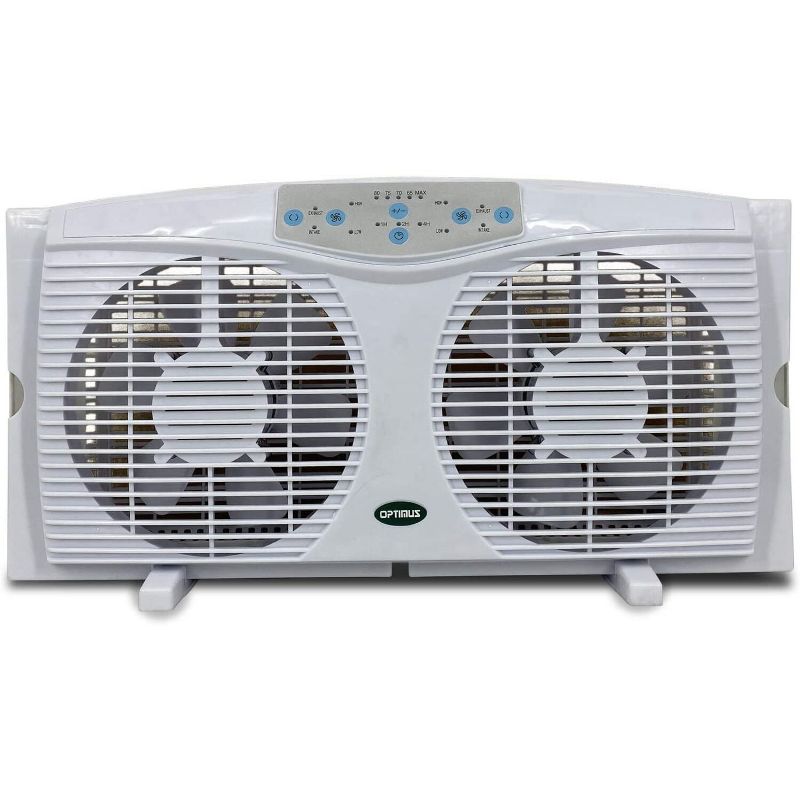 Optimus F-5286 Reversible Twin Window Fan with Thermostat and LED, 8-Inch, White, 1 of 7