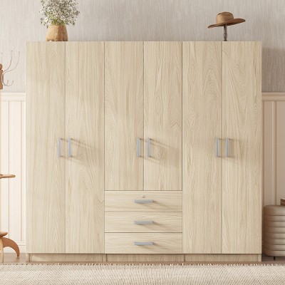 6 Doors Wooden Wardrobe Storage For Bedroom, 68''Tall Clothing Armoires With 3 Drawers Inside, Modern Armoires-Cuddlewood