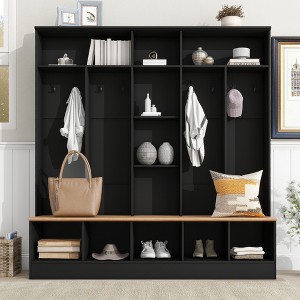 TIRAMISUBEST Modern Entryway Hall Tree with Bench, 8-Hook Coat Rack & Cube Storage, Space-Saving Organizer Cabinet, Black - 1 of 4
