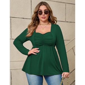 Plus Size Women's Square Neck Smocked Bust Blouse Flowy Babydoll Hem Long Sleeve Top - 1 of 4