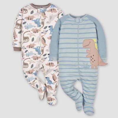 Image of Gerber Baby Boys' 2pk Zip-Front Dino Sleep N' Play - White/Gray/Light Blue 0-3M