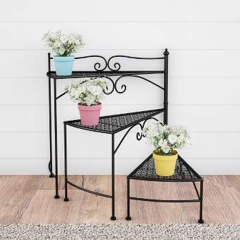 Nature Spring Plant Stand 3-Tier Indoor/Outdoor Folding Spiral Stairs Wrought Iron Metal Home and Garden Display