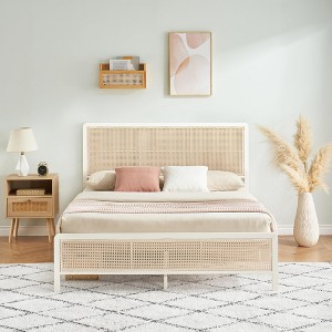 Rattan Full Size Bed Frame with Headboard and Footboard, Boho Bed Frame with Heavy Duty Sturdy Steel Slat Support, No Box Spring Needed, Noise Free - 1 of 4