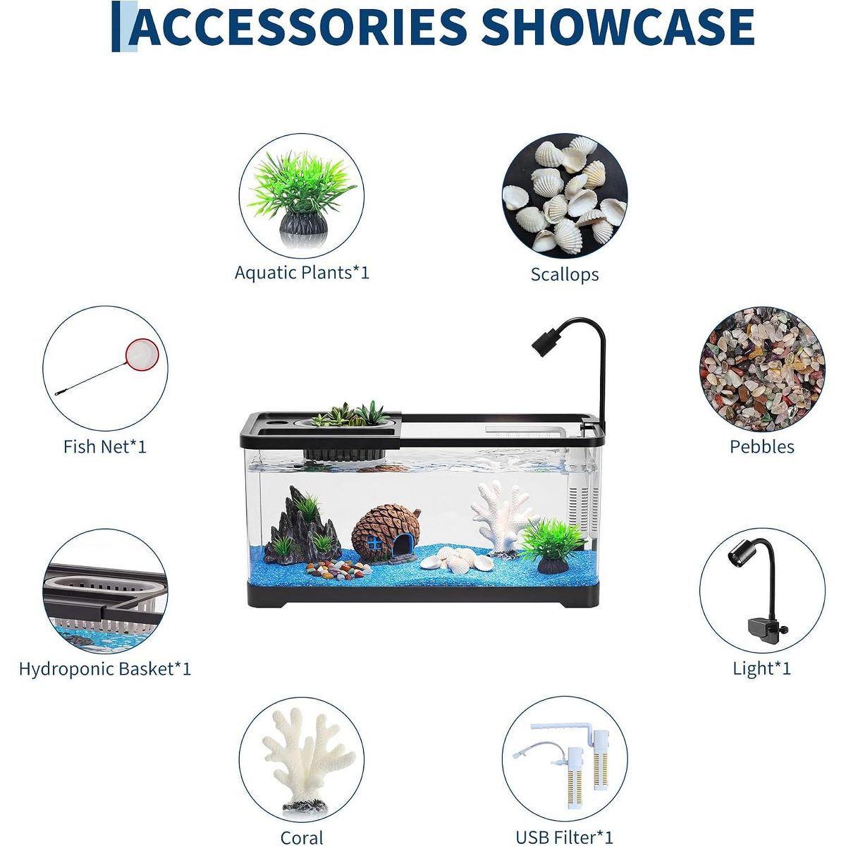 Small Plastic Fish Tank with Light & Filter, 8-Piece Kit, LED Light + Filter + Fish Net + Decor, for Desk Dorm Office - thumbnail 4