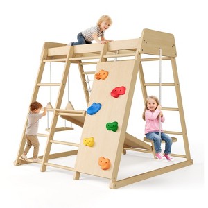 Indoor Playground 8-in-1 Jungle Gym, Wooden Climber Playset with Slide, Swing, Monkey Bars, Climbing Net, Kids Christmas Gift, Natural - 1 of 4