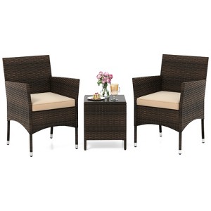 Tangkula 3 Pieces Patio Rattan Furniture Set Outdoor Conversation Set with PE Wicker Armchairs Tempered Glass Top Coffee Table - 1 of 4