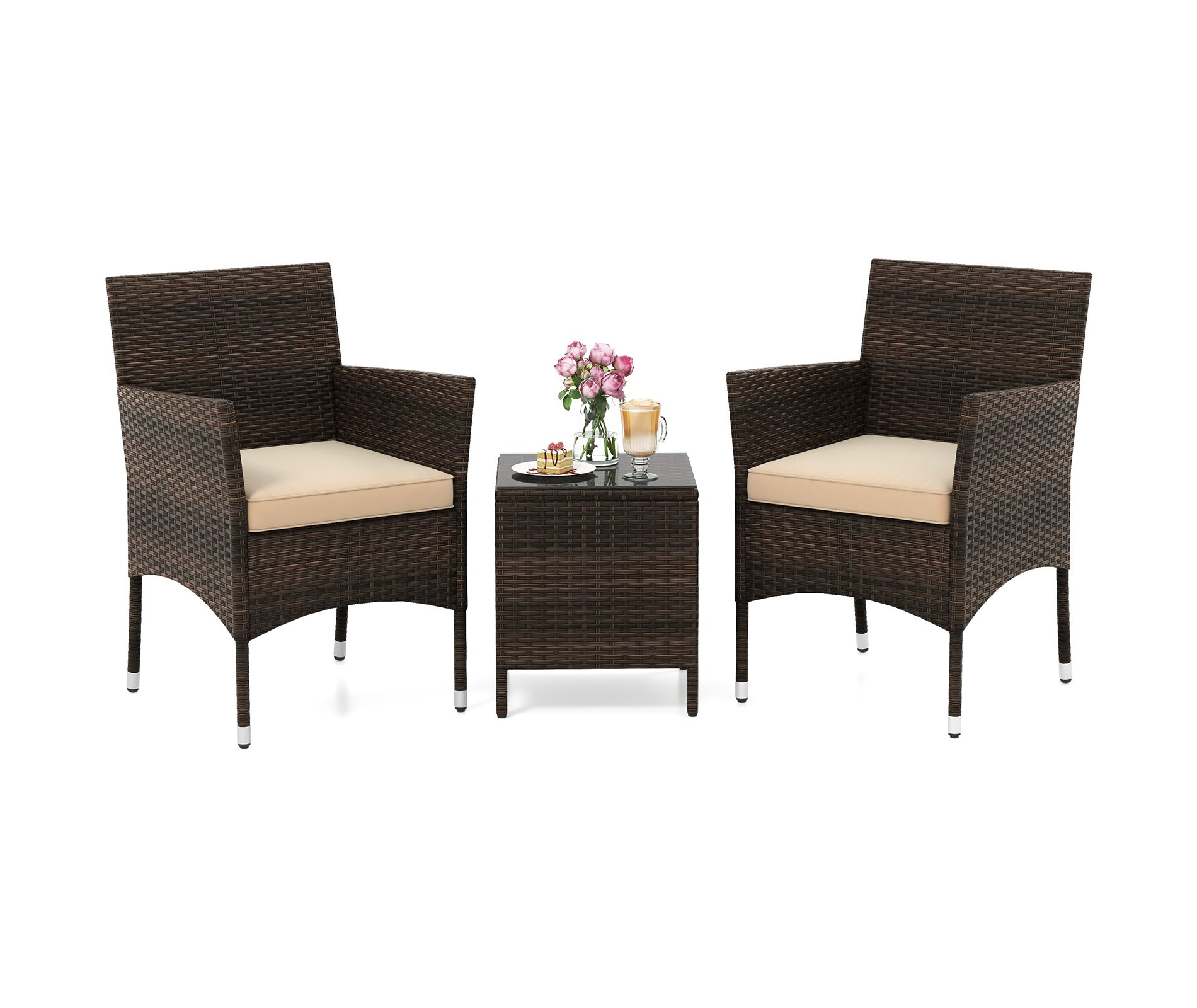 Tangkula 3 Pieces Patio Rattan Furniture Set Outdoor Conversation Set with PE Wicker Armchairs Tempered Glass Top Coffee Table