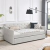 Twin Size Daybed, Upholstered Platform Bed Frame, Linen Tufted Sofa Bed with Twin Size Trundle Bed, Waved Shape Arms -Frevyn - 3 of 4