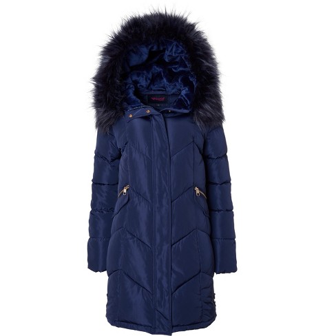 Sportoli Women Quilted Long Winter Coat Fur Trim Plush Lined Hood Puffer Jackets Navy X Large