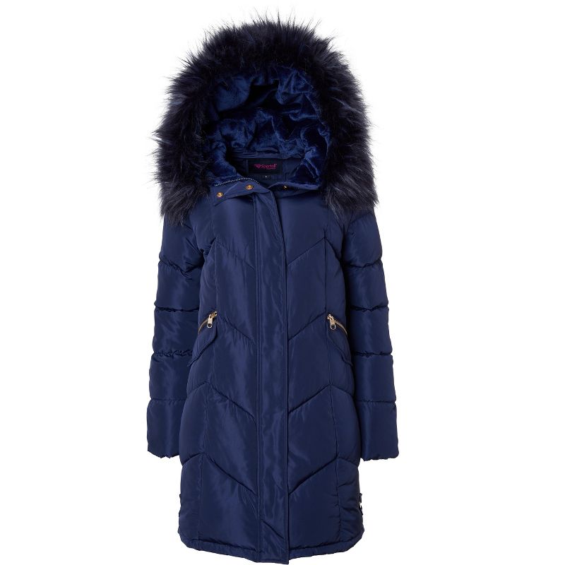 Sportoli Women Quilted Long Winter Coat Fur Trim Plush Lined Hood Puffer Jackets, 1 of 5