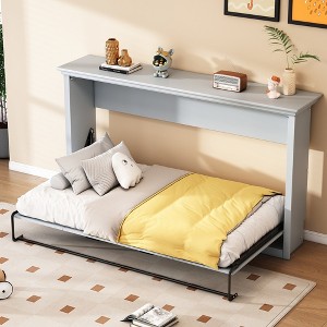 Whisen Twin Size Murphy Bed with Built-in Cabinet Storage, Stable Metal Frame, Pine Slat Support - Gray - 1 of 4