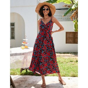 Women's Summer Floral Dress, Spaghetti Strap Midi Dress with Waist - Cinching Design - 1 of 4