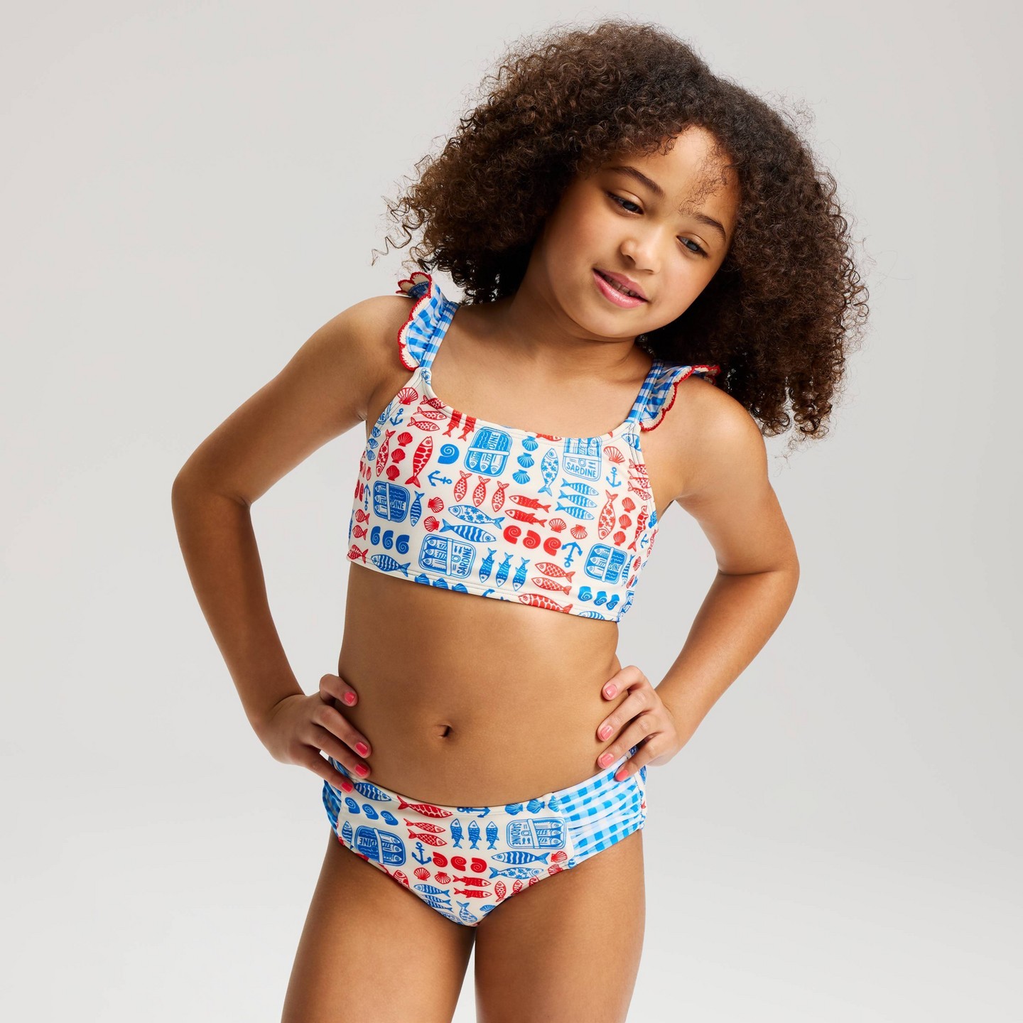 Детские купальники Cat & Jack Girls' Fish & Gingham Bikini Skirt Set, цвет: Синий — фото 3