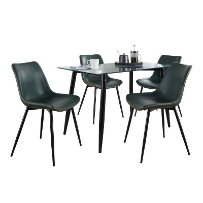 5-Piece Black Metal and Green Faux Leather Dining Set with Glass Top