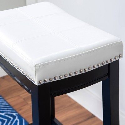 32" White Leather Saddle Style Backless Wood Bar Stool