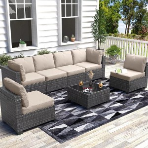 7-Piece Outdoor Patio Furniture Set with Glass Top Coffee Table, PE Rattan Wicker Sectional Modular Conversation Sofa Set w/ Cushions for Patio - 1 of 4