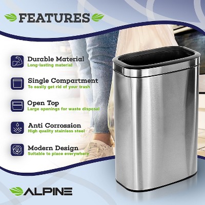 10.5 Gallon Brushed Stainless Steel Open Top Trash Can Set