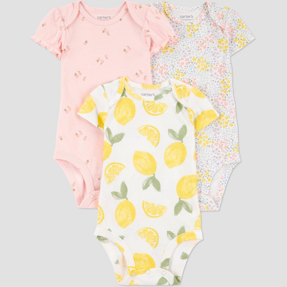 Carter's Just One You®️ Baby Girls' 3pk Bodysuit - Pink/Yellow 3M: Cotton, Lightweight, Lemon & Floral Patterns, Short Sleeve -  92798918